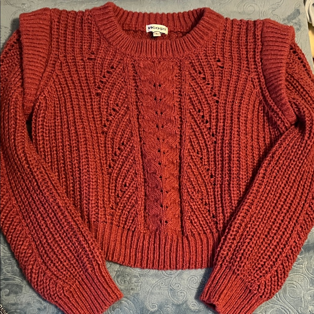 Vigoss Red Cable-Knit Crewneck Sweater